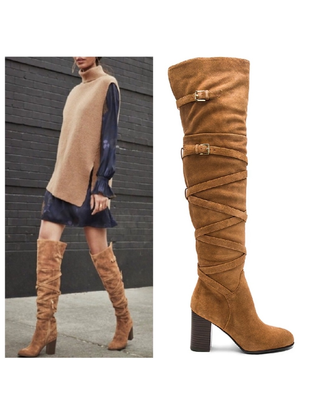 Sam Edelman Sable Camel Suede Over-the-Knee Wrap Strap Boots